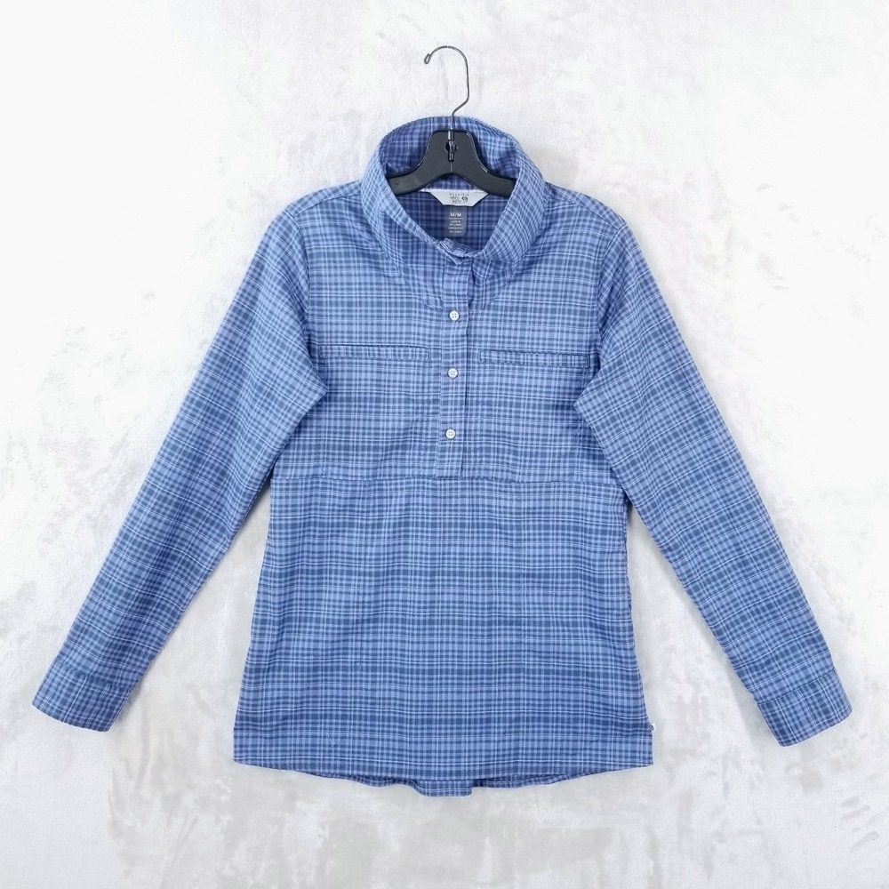 Mountain Hardwear Flannel Shirt Women M Blue Plaid Funnel Neck Henley‎ Pockets